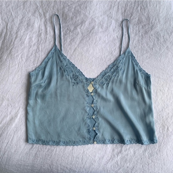 Doen Elise Silk Satin Eyelet Embroidered Cami Camisole Tank Top Mineral Blue - Picture 9 of 14